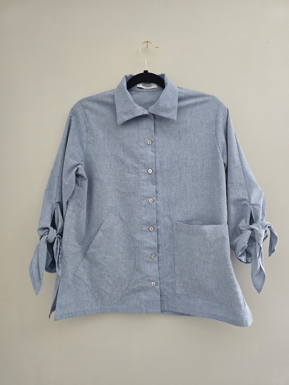 Vitamin Light Blue Minimilist Cotton Button Down Tie Sleeve Shirt Top M
